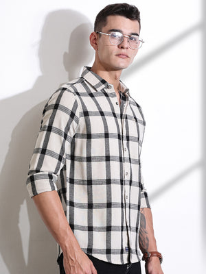 Black Slim Fit Windowpane Checked Cotton Casual Shirt