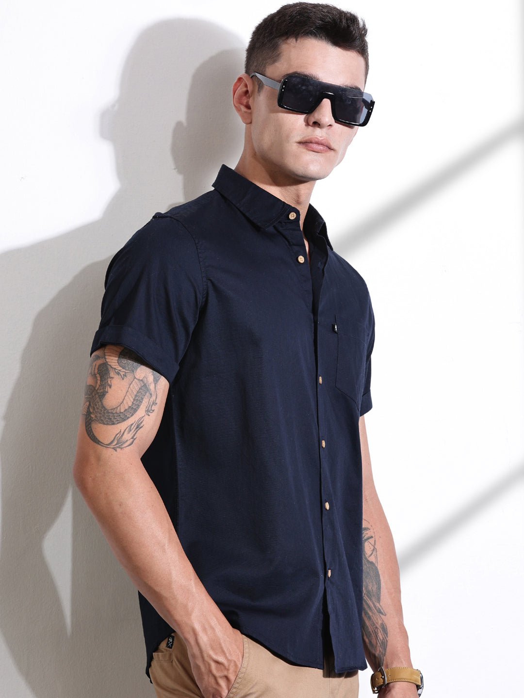 Thomas Scott Men Navy Slim Fit Solid Cotton Casual Shirt