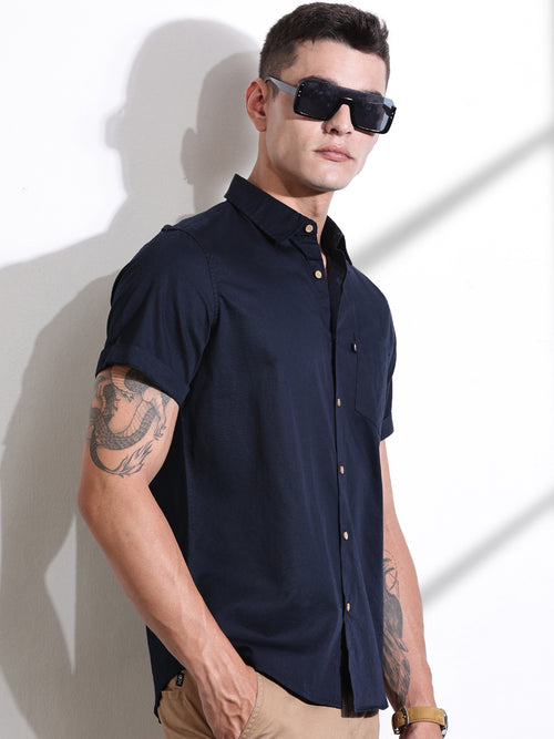 Thomas Scott Men Navy Slim Fit Solid Cotton Casual Shirt