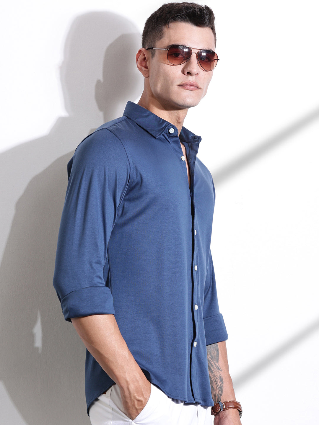 Thomas Scott Men Medium Blue Spread Collar Slim Fit Long Sleeves Solid Knitted Shirt