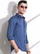 Thomas Scott Men Medium Blue Spread Collar Slim Fit Long Sleeves Solid Knitted Shirt