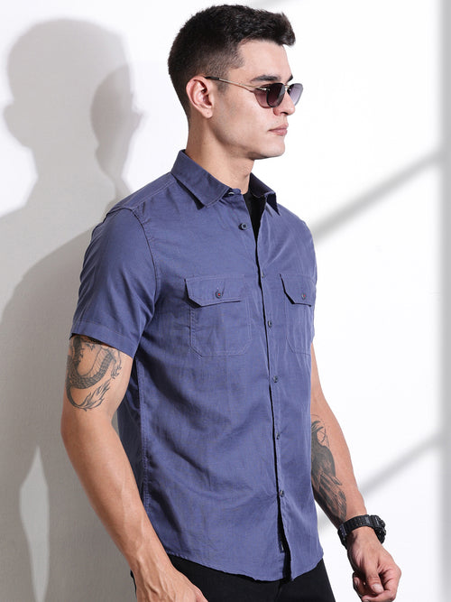 Thomas Scott Men Blue Slim Fit Solid Linen Casual Shirt