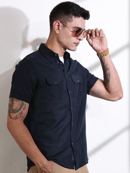Thomas Scott Men Navy Slim Fit Solid Linen Casual Shirt