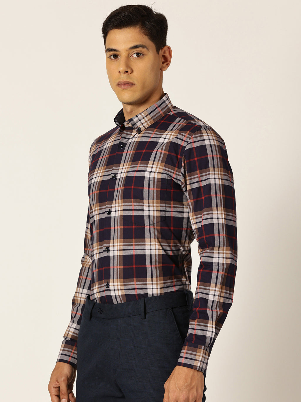 Thomas Scott Men Navyblue Slim Fit Windowpane Checked Cotton Formal Shirt