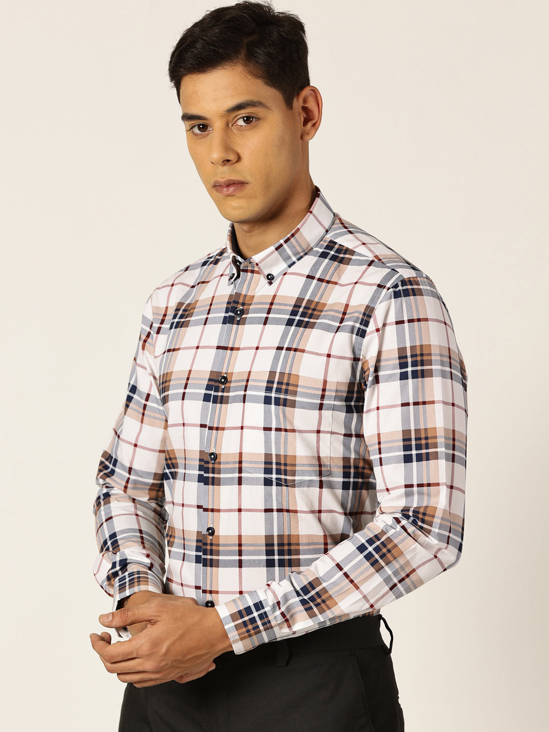 Thomas Scott Men White Slim Fit Windowpane Checked Cotton Formal Shirt