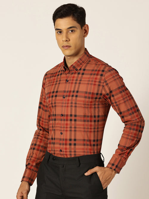 Thomas Scott Men Red Slim Fit Windowpane Checked Cotton Formal Shirt