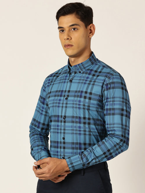 Thomas Scott Men NavyBlue Slim Fit Windowpane Checked Cotton Formal Shirt