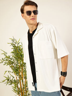 White Oversized Textured Twill Casual Shirt