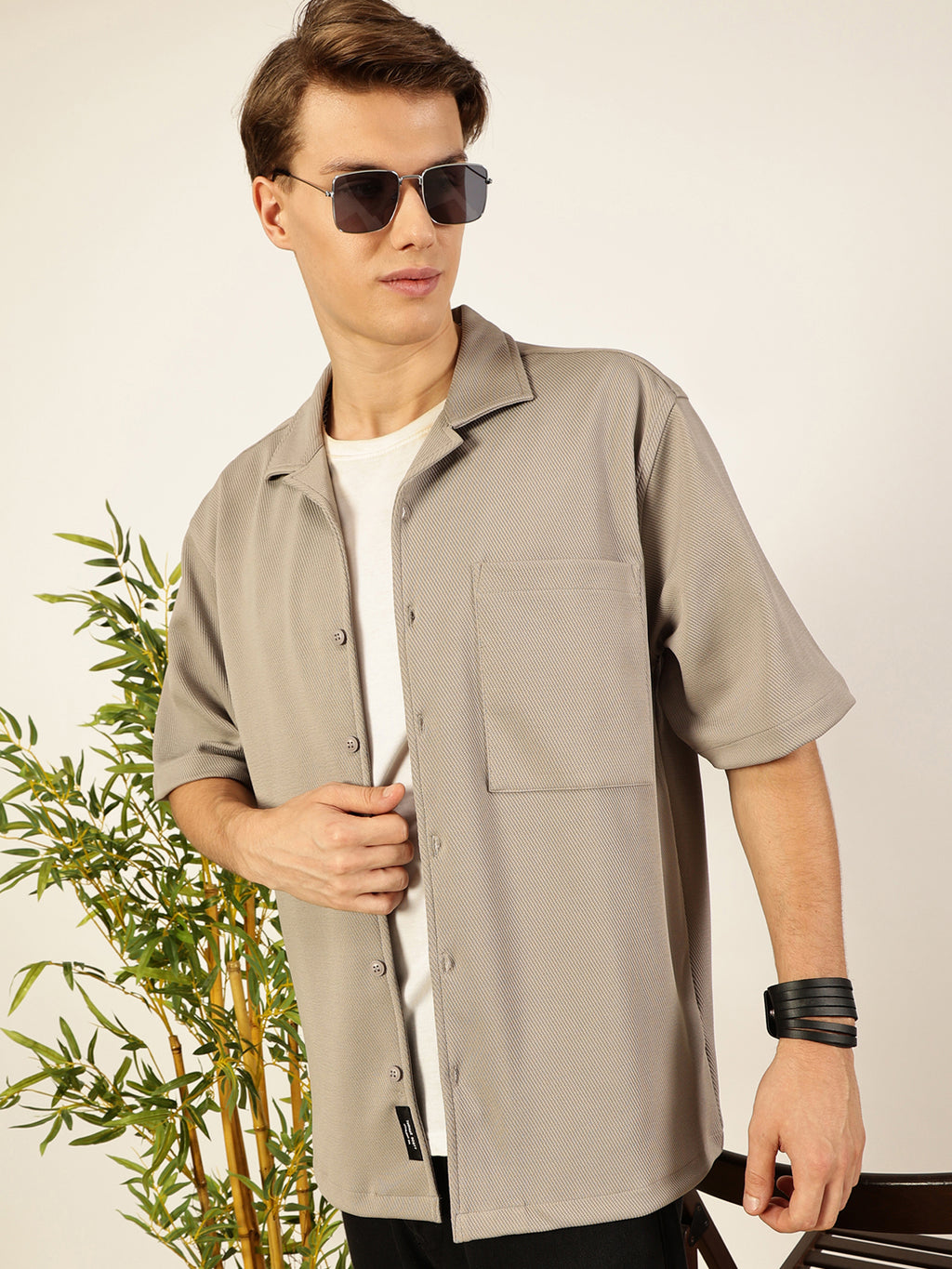 LightGrey Oversized Textured Twill Casual Shirt