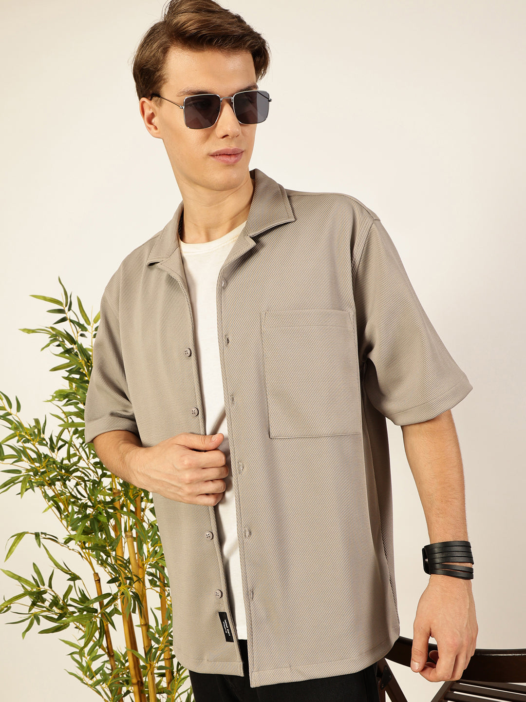 LightGrey Oversized Textured Twill Casual Shirt