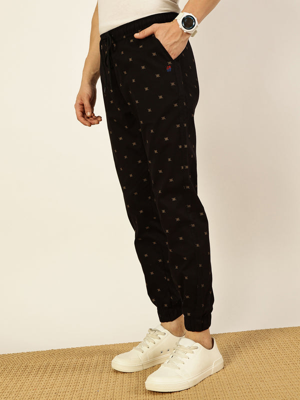 Black Abstract Printed Smart Slim Mid-Rise Fit Easy Wash Joggers For Men