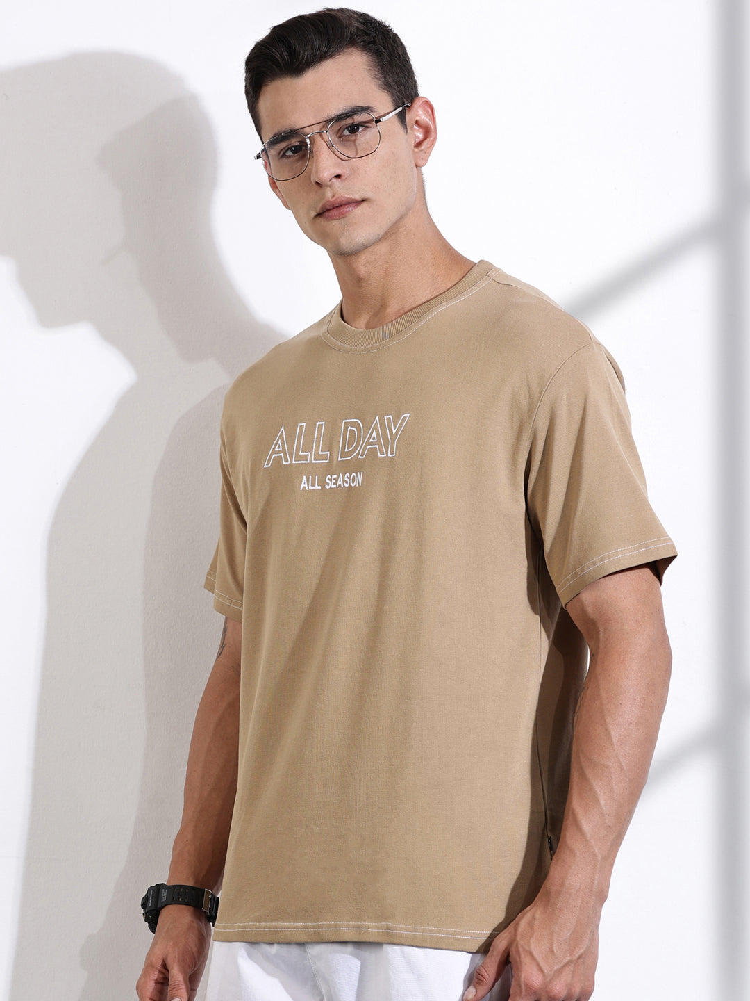Thomas Scott Men Beige Oversized Typography Print Knit Tshirt
