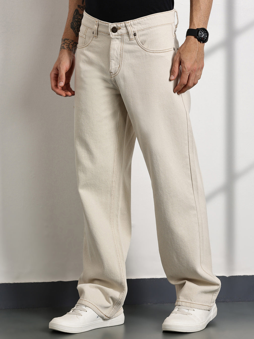 Thomas Scott Men Beige Mid-Rise Non Stretchable Baggy Jeans