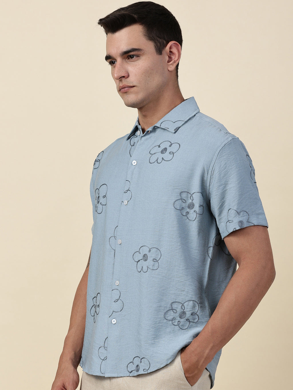 Thomas Scott Men Blue Regular Fit Short Sleeves Cuban Collar Embroidered Shirt