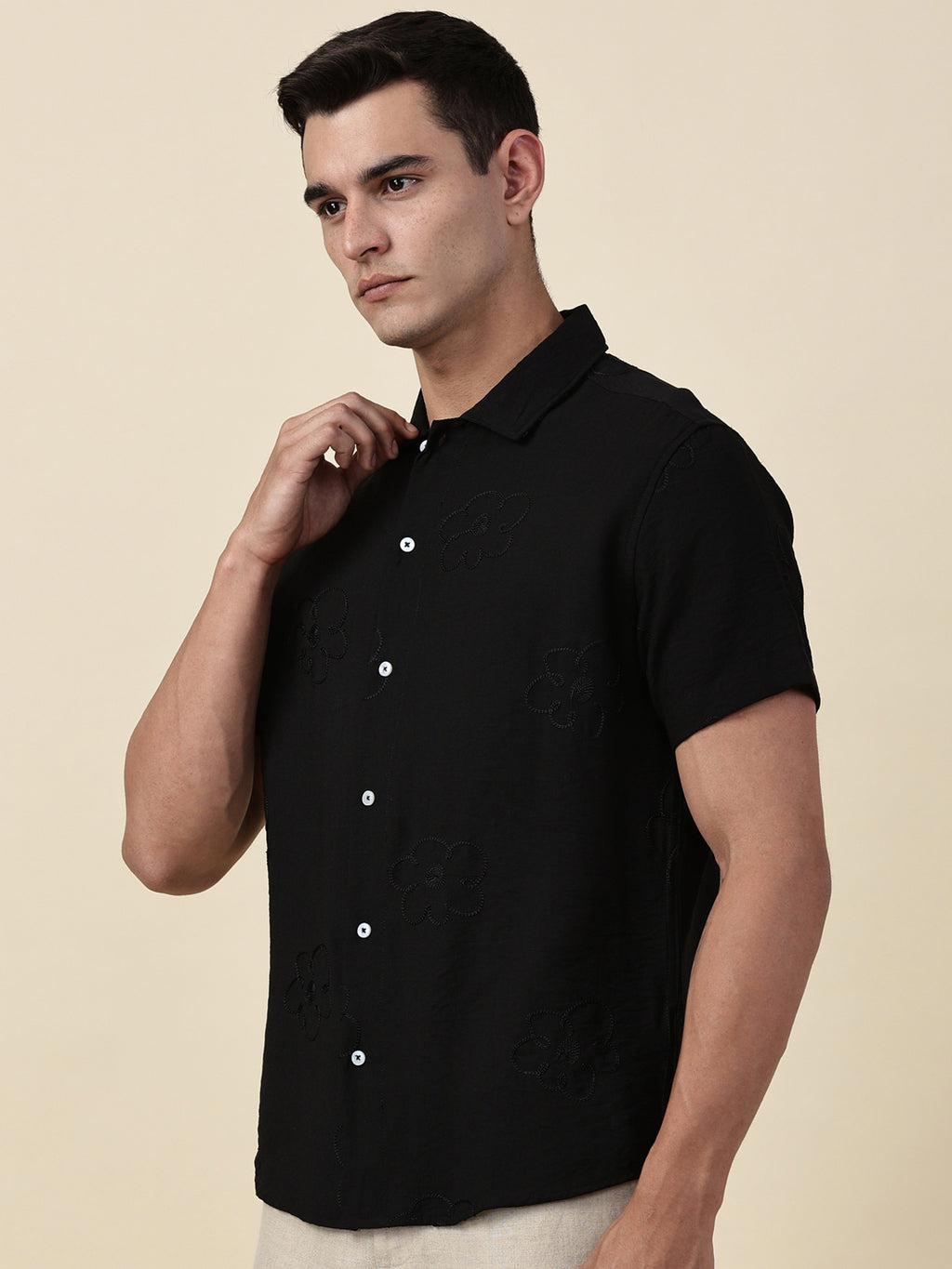 Thomas Scott Men Black Regular Fit Short Sleeves Cuban Collar Embroidered Shirt
