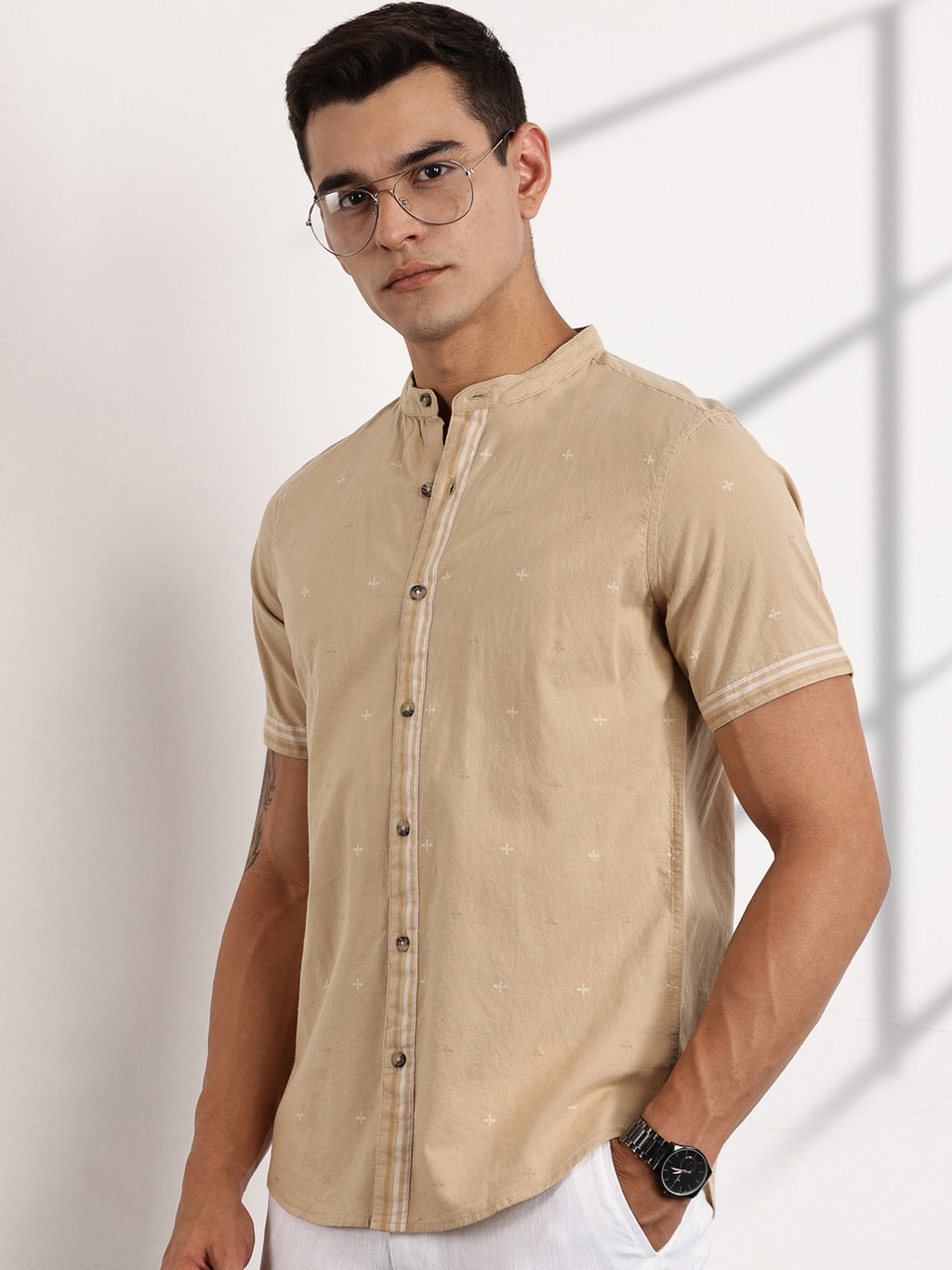 Thomas Scott Men Beige Slim Fit Short Sleeve Mandarin Collar Cotton Casual Shirt