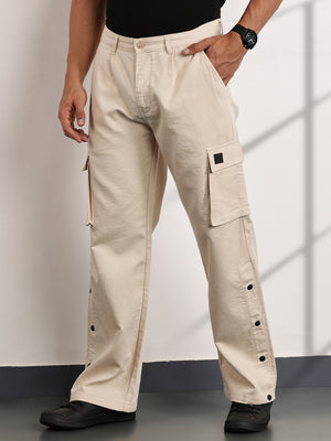 Thomas Scott Men Cream Mid-Rise Relaxed Fit Woven Cargo Trousers