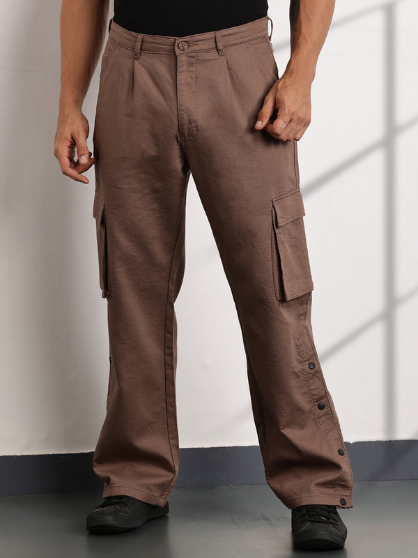 Light Brown Mid-Rise Relaxed Fit Woven Cargo Trouser For Men