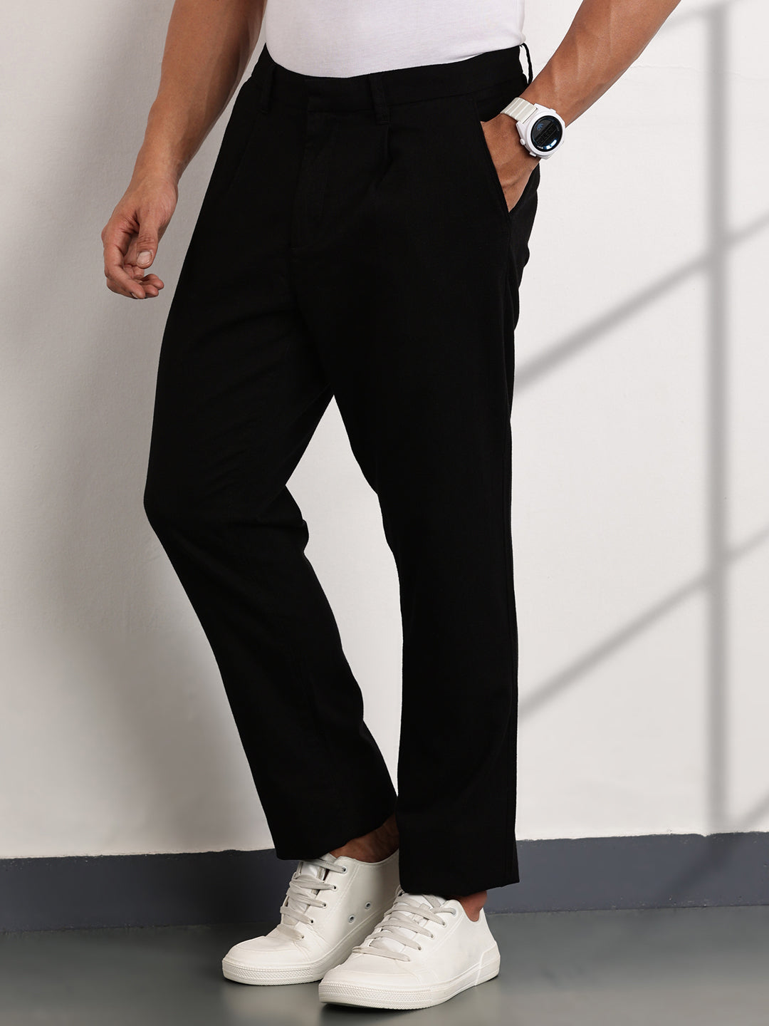 Thomas Scott Men Black Mid-Rise Regular Fit Woven Trousers