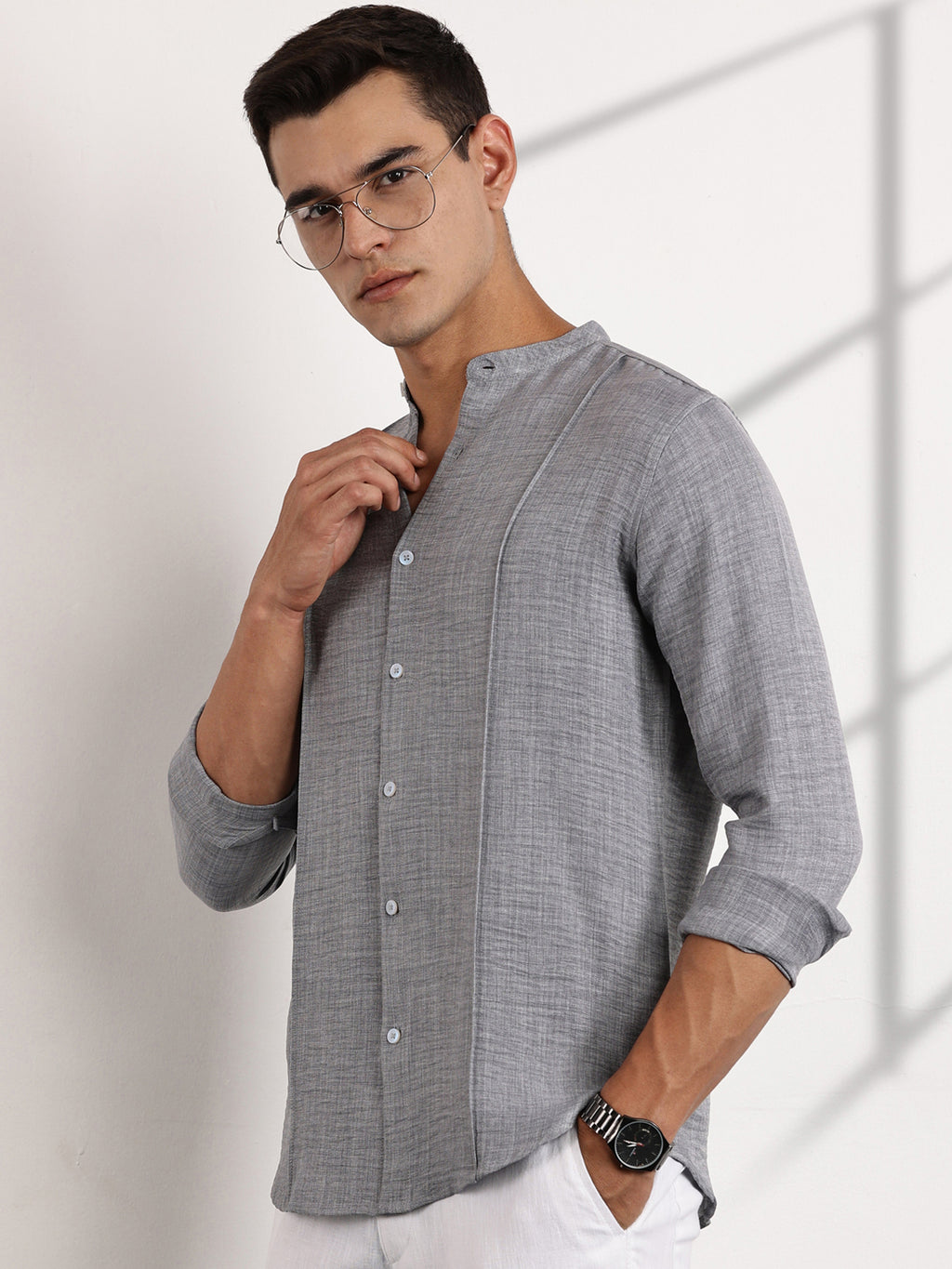 Thomas Scott Men Grey Slim Fit Mandarin Collar Long Sleeves Casual Shirt
