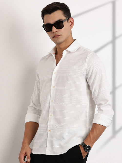 Thomas Scott Men White Slim Fit Cutaway Collar Long Sleeves Self Design Casual Shirt