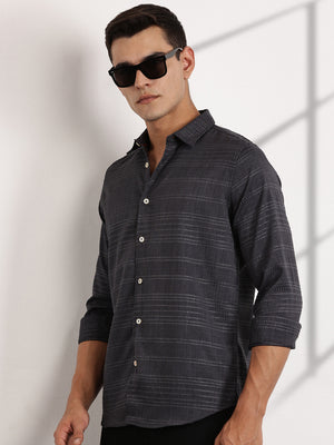 Thomas Scott Men Grey Slim Fit Cutaway Collar Long Sleeves Self Design Casual Shirt