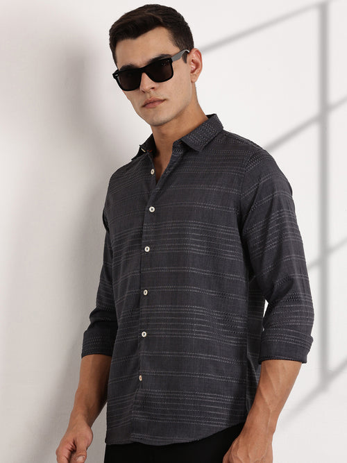 Thomas Scott Men Grey Slim Fit Cutaway Collar Long Sleeves Self Design Casual Shirt