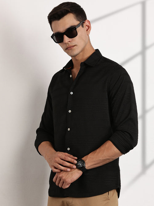 Thomas Scott Men Black Slim Fit Cutaway Collar Long Sleeves Self Design Casual Shirt