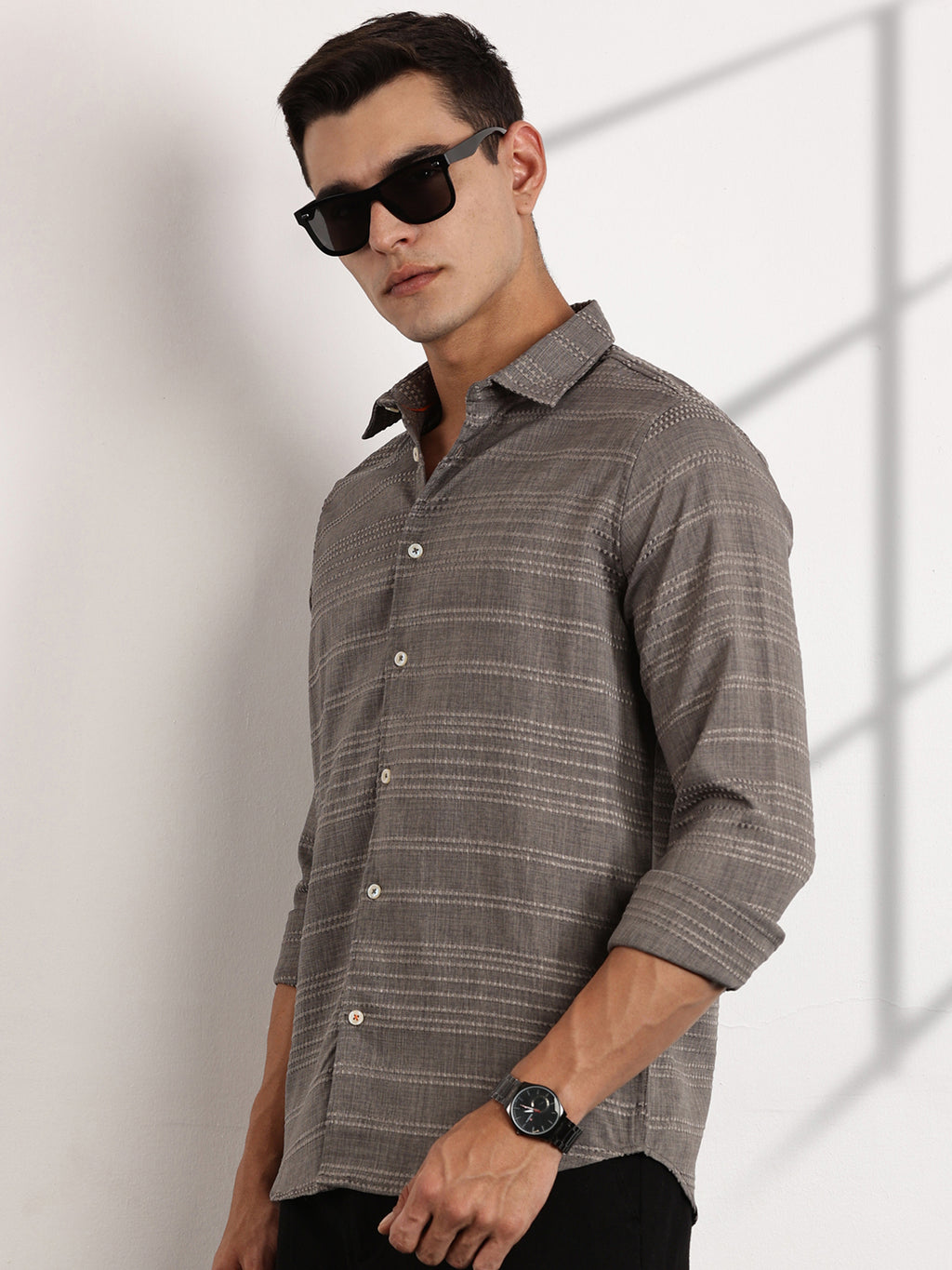 Thomas Scott Men Grey Slim Fit Cutaway Collar Long Sleeves Self Design Casual Shirt