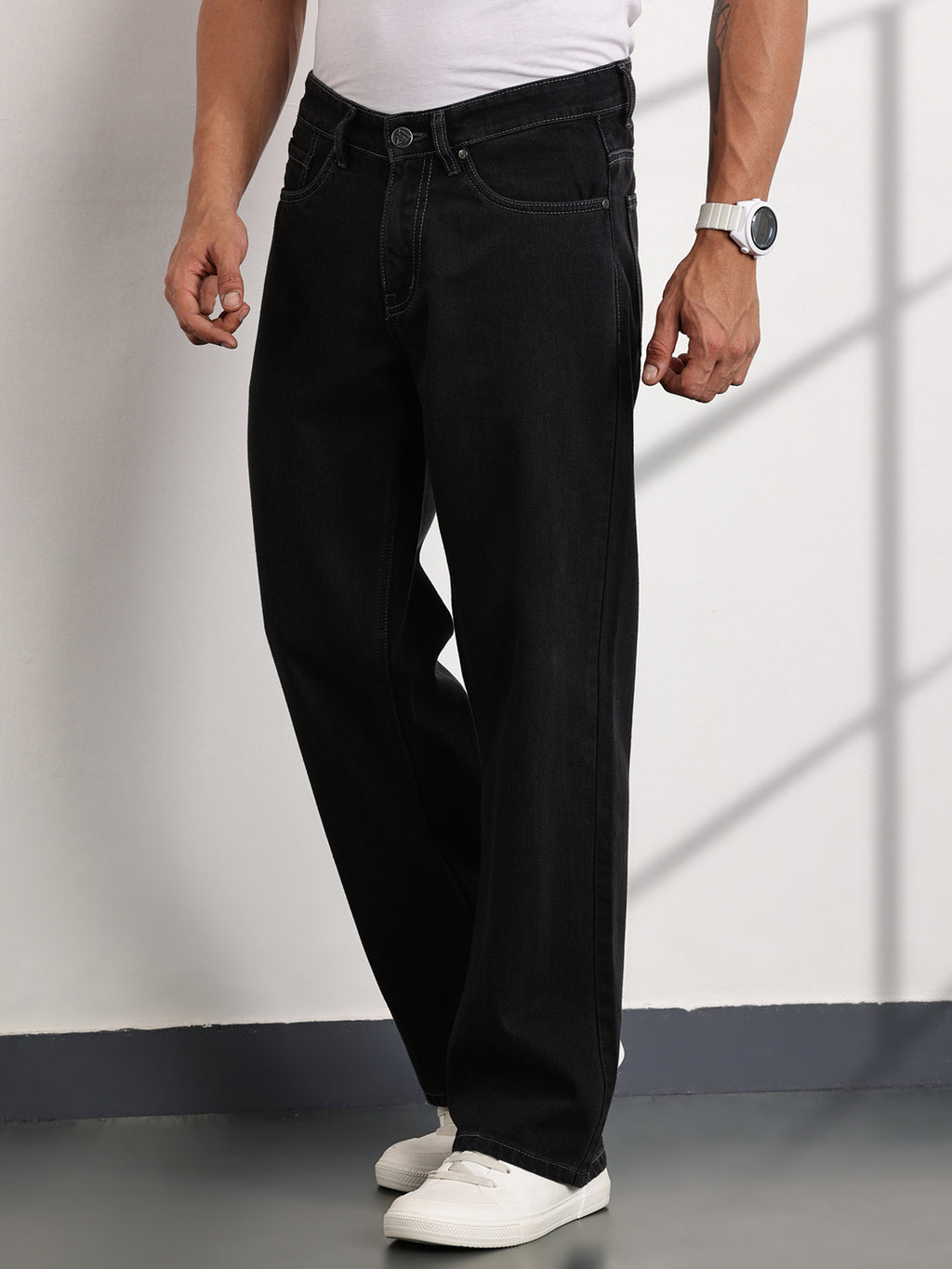 Thomas Scott Men DarkGrey Mid-Rise Baggy Fit Cotton Non Stretchable Jeans