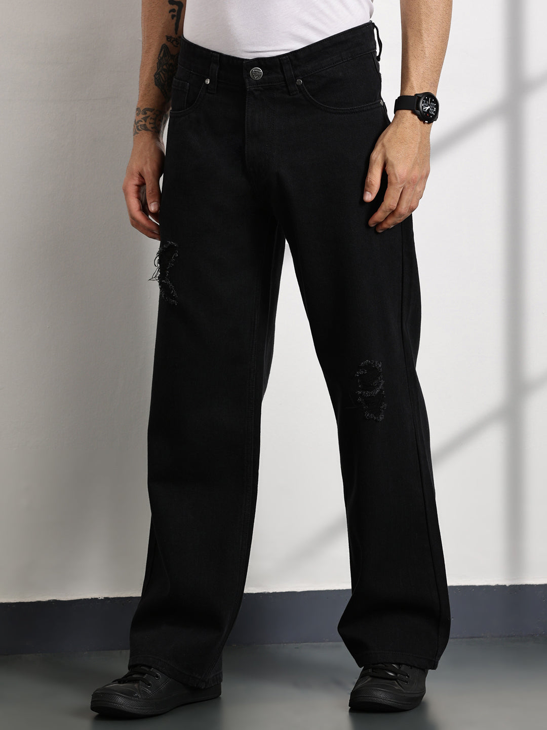 Thomas Scott Men Black Mid-Rise Baggy Fit Cotton Non Stretchable Jeans