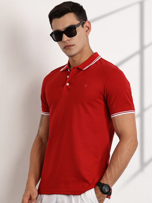 Thomas Scott Men Red Regular Fit Short Sleeves Polo Collar Knit Tshirt