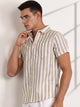 Brown Slim Fit Short Sleeves Vertical Striped Linen Shirt For Men