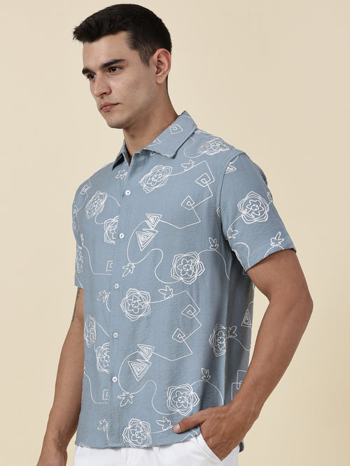 Thomas Scott Men Blue Regular Fit Short Sleeves Spread Collar Embroidered Shirt