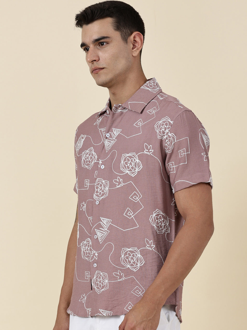 Thomas Scott Men Pink Regular Fit Short Sleeves Spread Collar Embroidered Shirt
