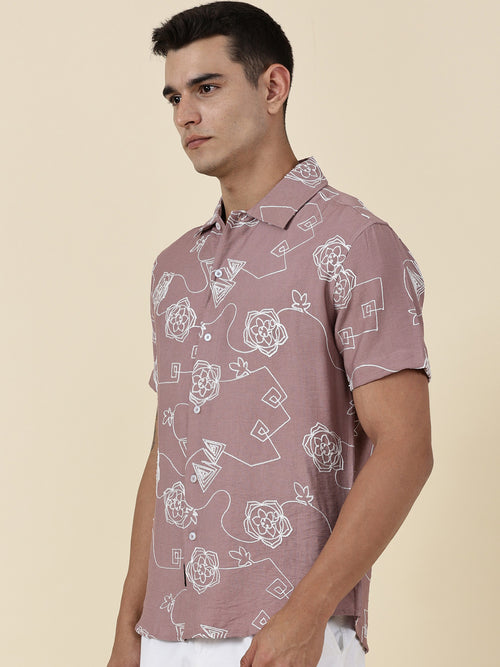Thomas Scott Men Pink Regular Fit Short Sleeves Spread Collar Embroidered Shirt