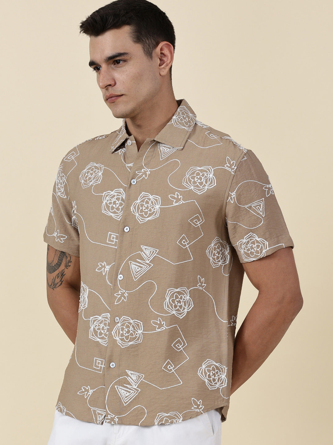 Thomas Scott Men Beige Regular Fit Short Sleeves Spread Collar Embroidered Shirt