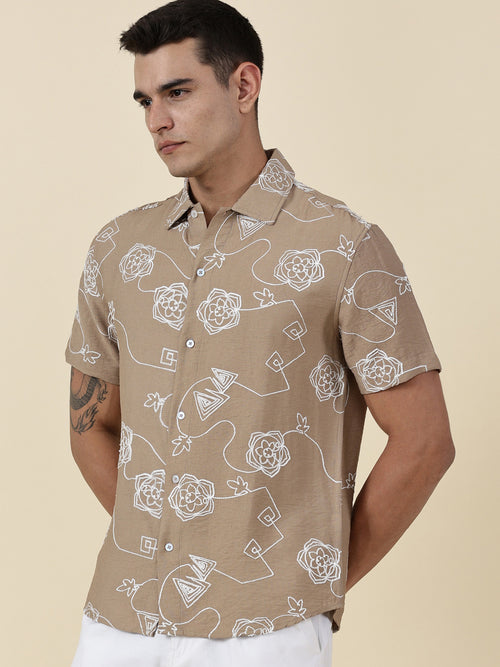 Thomas Scott Men Beige Regular Fit Short Sleeves Spread Collar Embroidered Shirt