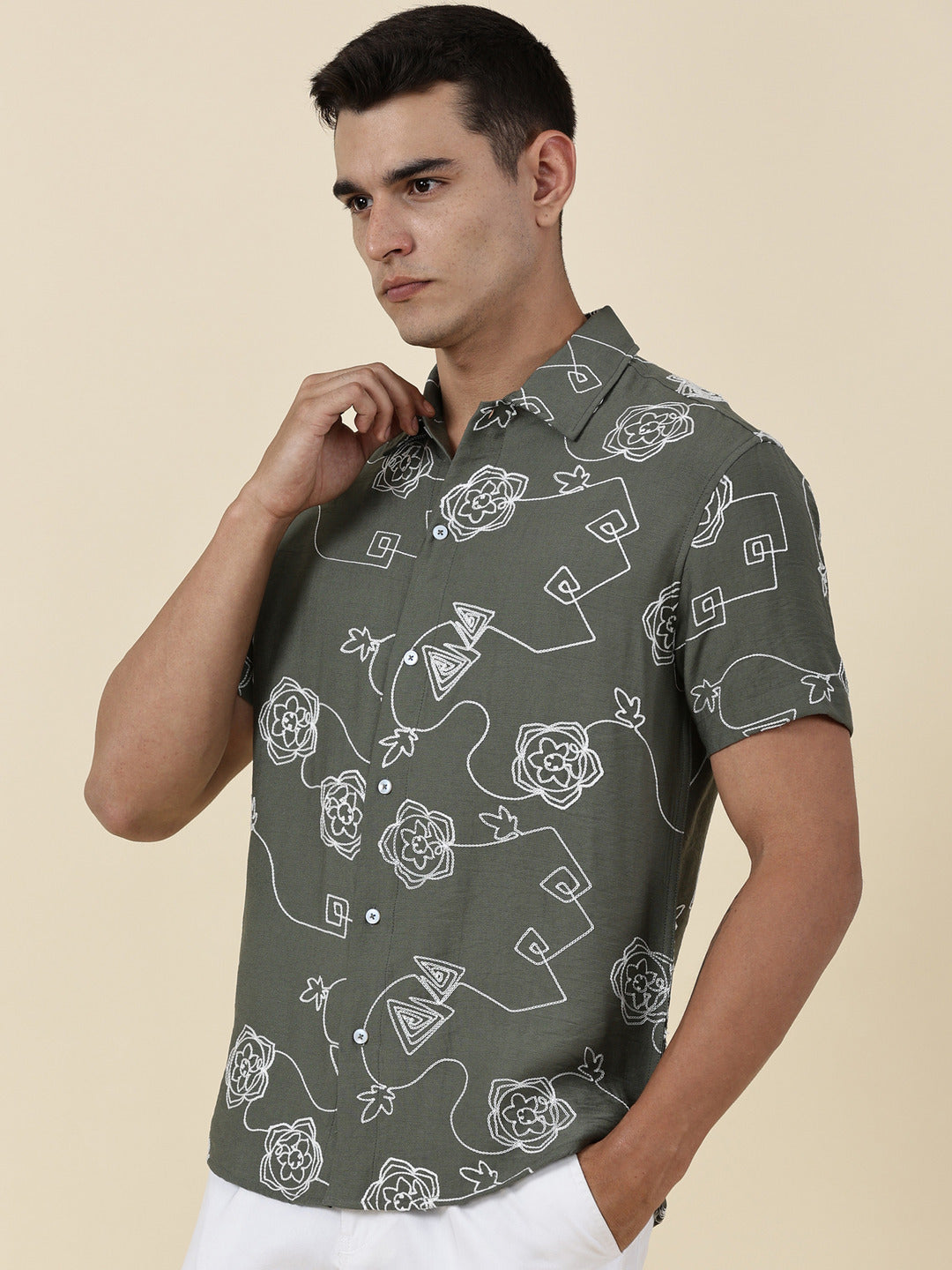 Thomas Scott Men Olive Regular Fit Short Sleeves Spread Collar Embroidered Shirt