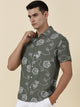 Thomas Scott Men Olive Regular Fit Short Sleeves Spread Collar Embroidered Shirt