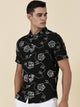 Thomas Scott Men Black Regular Fit Short Sleeves Spread Collar Embroidered Shirt