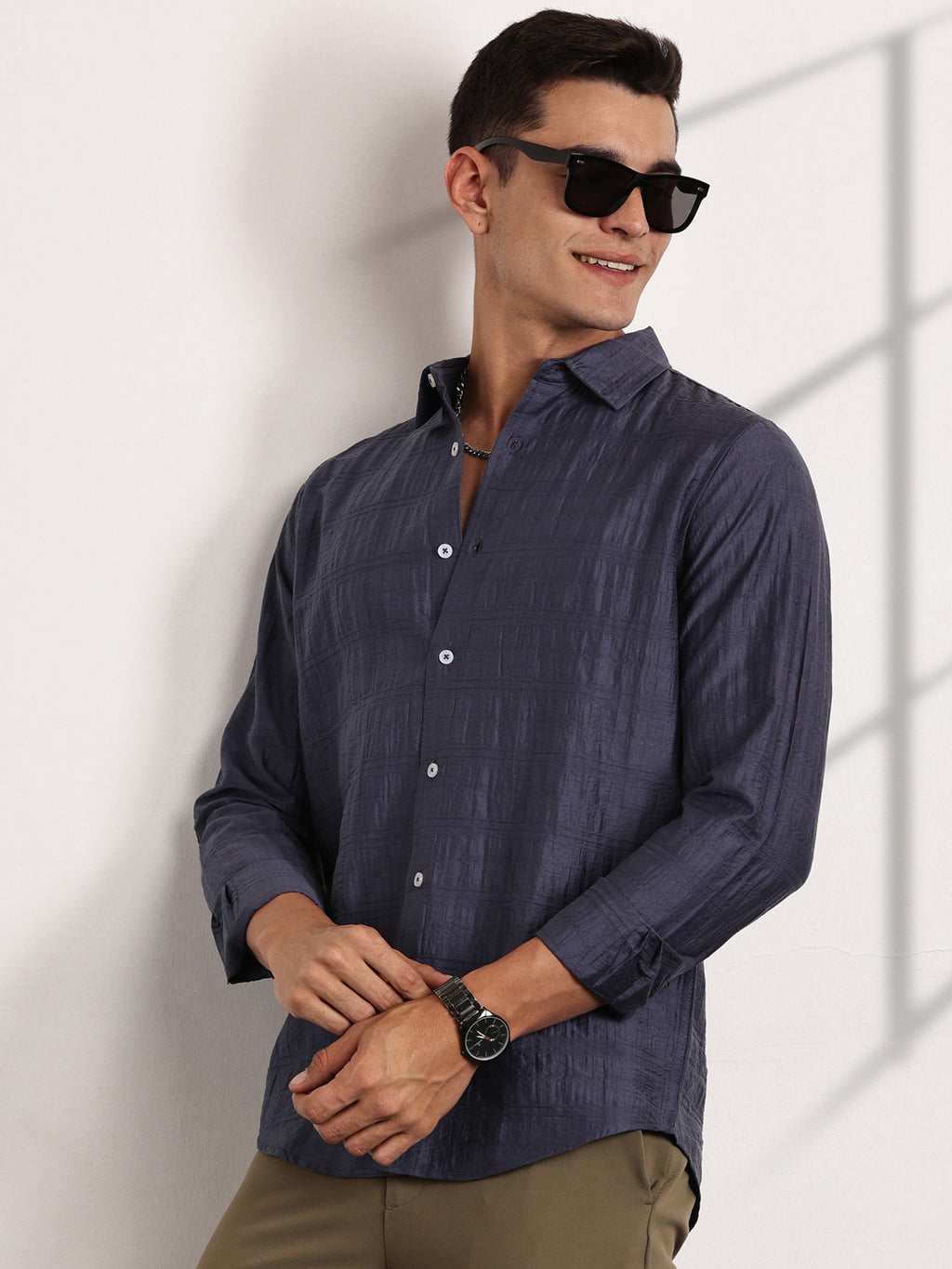Thomas Scott Men Blue Slim Fit Long Sleeves Horizontal Stripes Casual Shirt