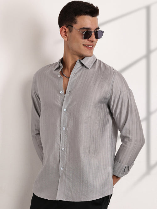 Thomas Scott Men Grey Slim Fit Long Sleeves Vertical Stripes Casual Shirt