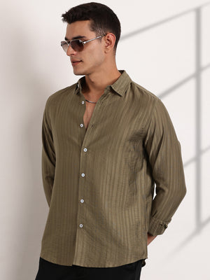 Thomas Scott Men Green Slim Fit Long Sleeves Vertical Stripes Casual Shirt
