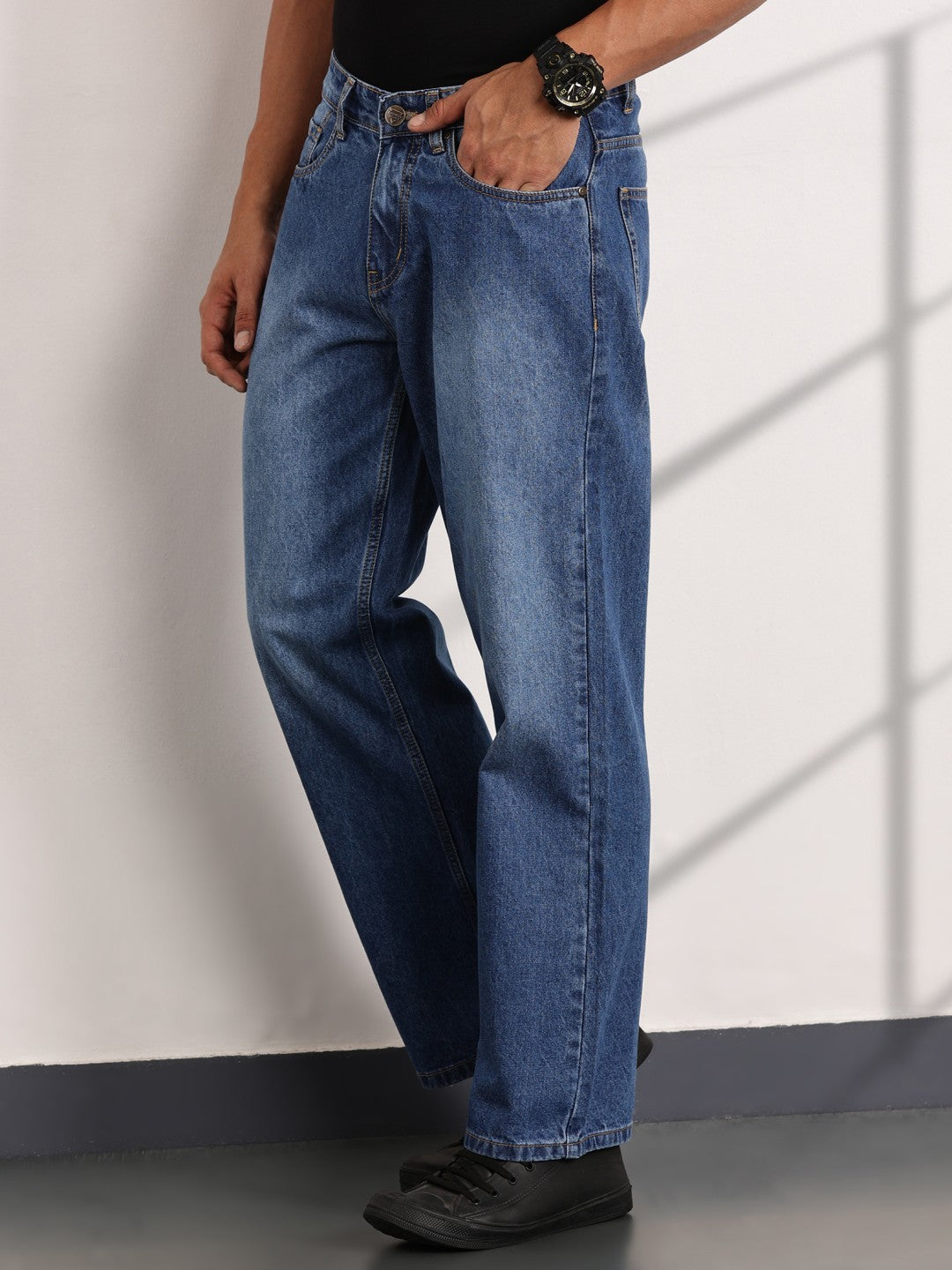 Thomas Scott Men MidBlue Mid-Rise Baggy Fit Cotton Non Stretchable Jeans