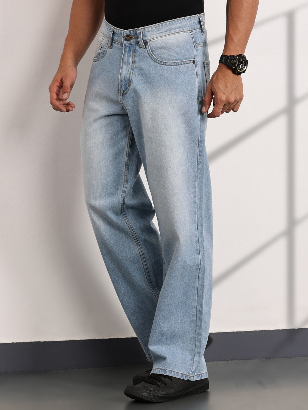 Thomas Scott Men LightBlue Mid-Rise Baggy Fit Cotton Non Stretchable Jeans