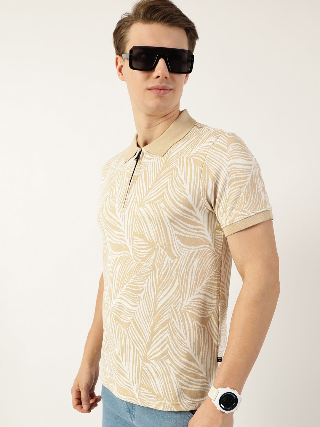 Thomas Scott Men Beige Floral Printed Polo Collar Pockets T-shirt