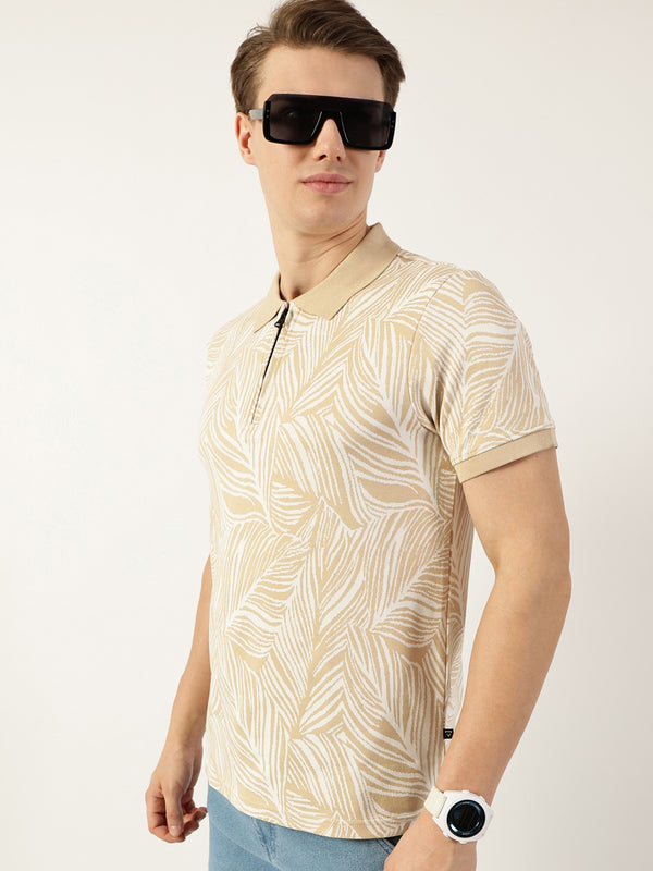 Thomas Scott Men Beige Floral Printed Polo Collar Pockets T-shirt