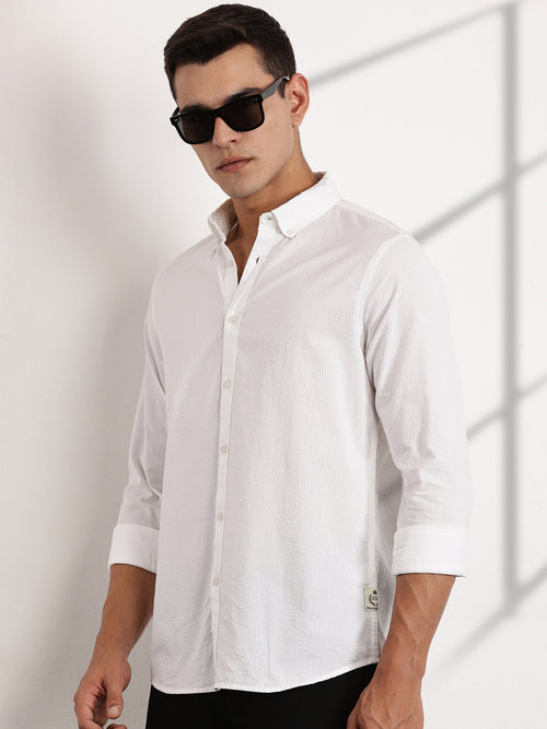 Thomas Scott Men White Reguar Fit Long Sleeves Pinstripes Cotton Casual Shirt
