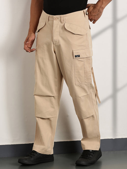 Thomas Scott Men Fawn Mid-Rise Loose Fit Cotton Woven Cargo Trouser
